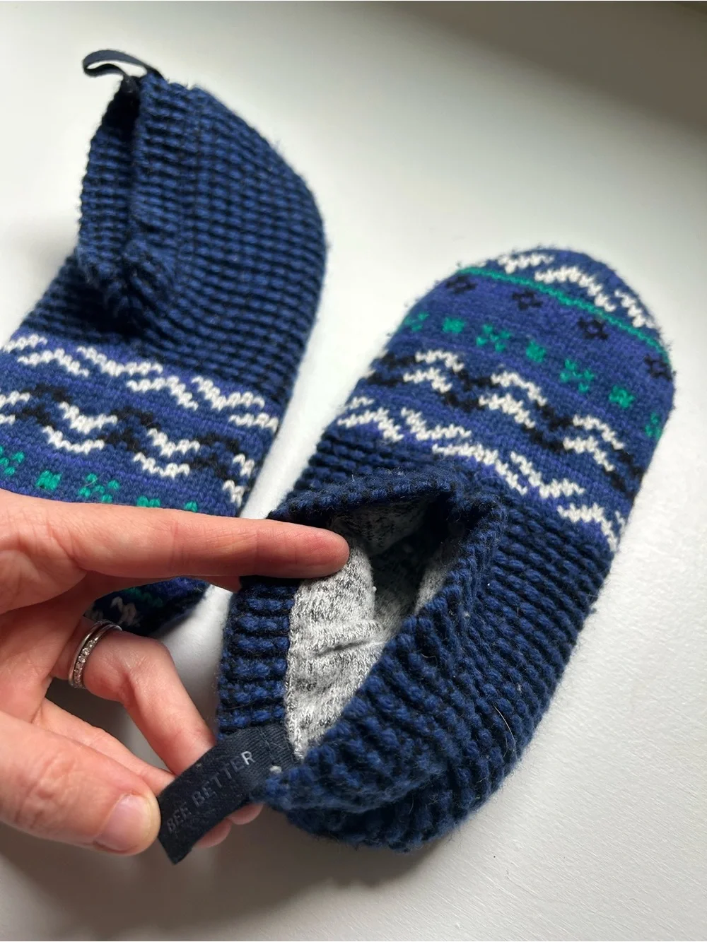 Bombas Navy Blue Patterned Kids Slipper Socks with Green and White Accents